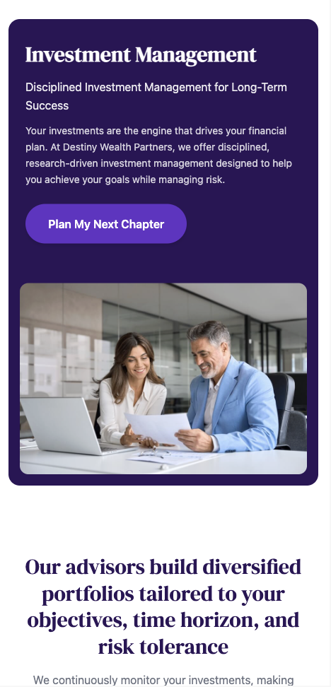 Destiny Wealth mobile website showing simplified navigation and prominent advisor consultation CTA