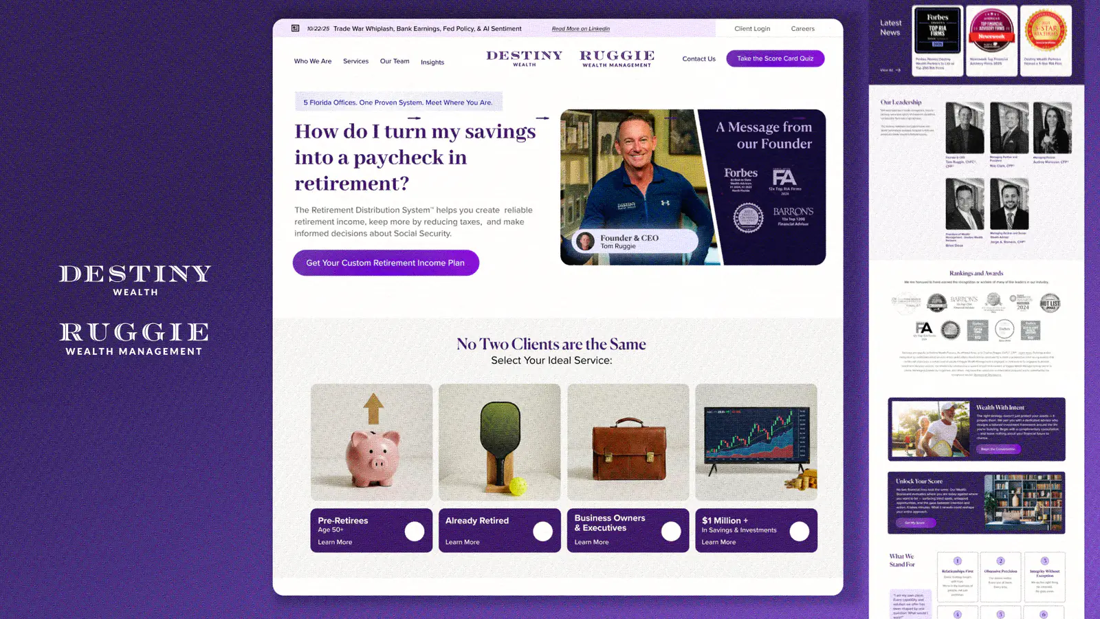 Destiny Wealth digital platform showing unified advisor-led growth interface for five Florida offices