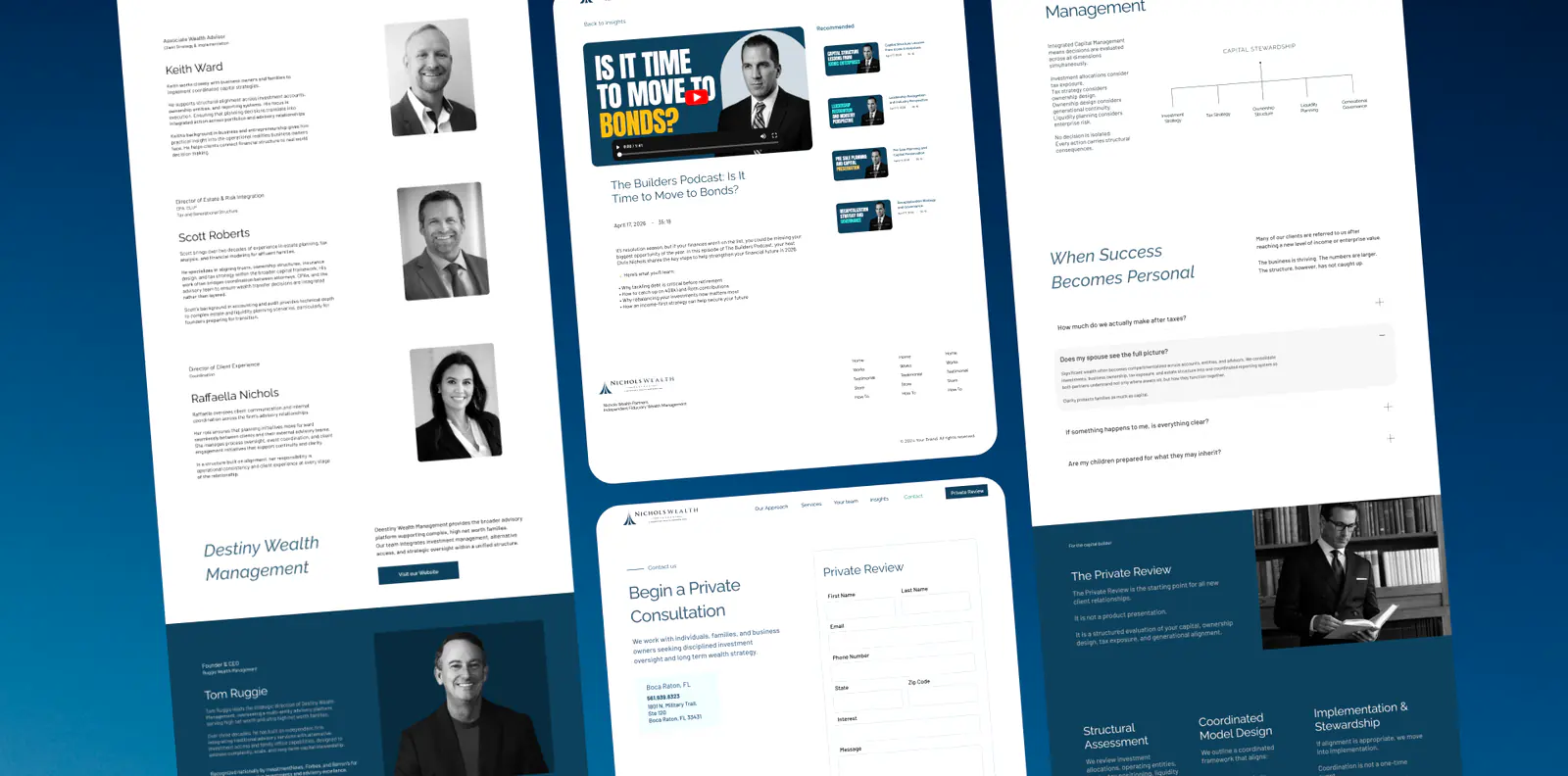 Nicholas Wealth website showing premium advisory layout with warm editorial tones and clear service pathways