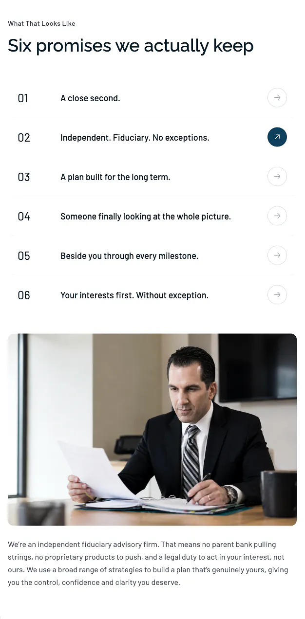 Nicholas Wealth mobile website showing simplified advisory navigation and consultation CTA