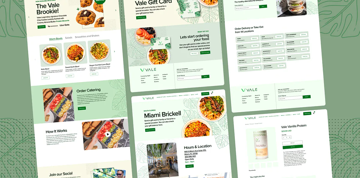 VALE restaurant digital platform showing unified ordering interface with teal brand accents and menu browsing