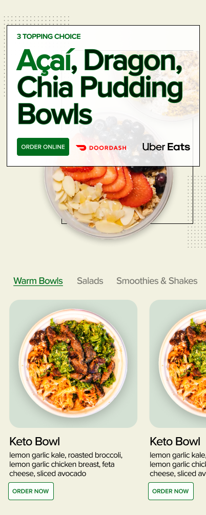 VALE mobile homepage showing food photography, ordering actions, and delivery partner integration